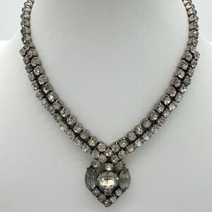 Vintage 1940s 1950s Rhinestone Necklace Earrings Set Smoky Gray Dangle